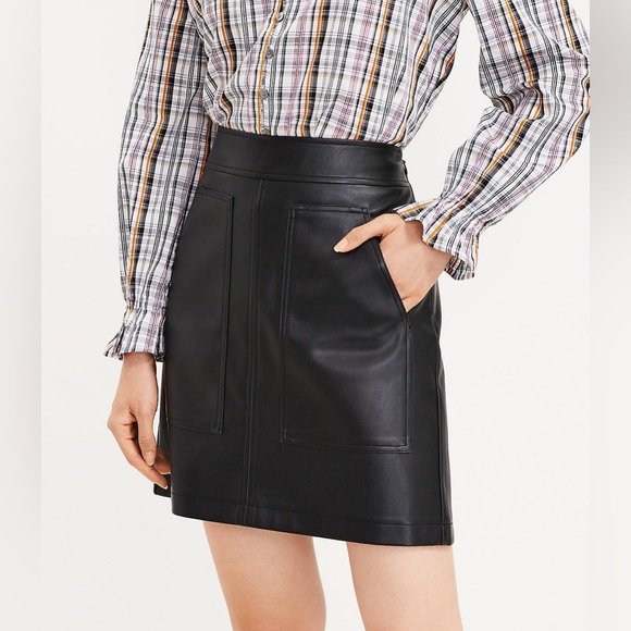 Loft Black Faux Leather shift Skirt Women’s Size 8 pockets zipper vegan - Picture 8 of 11